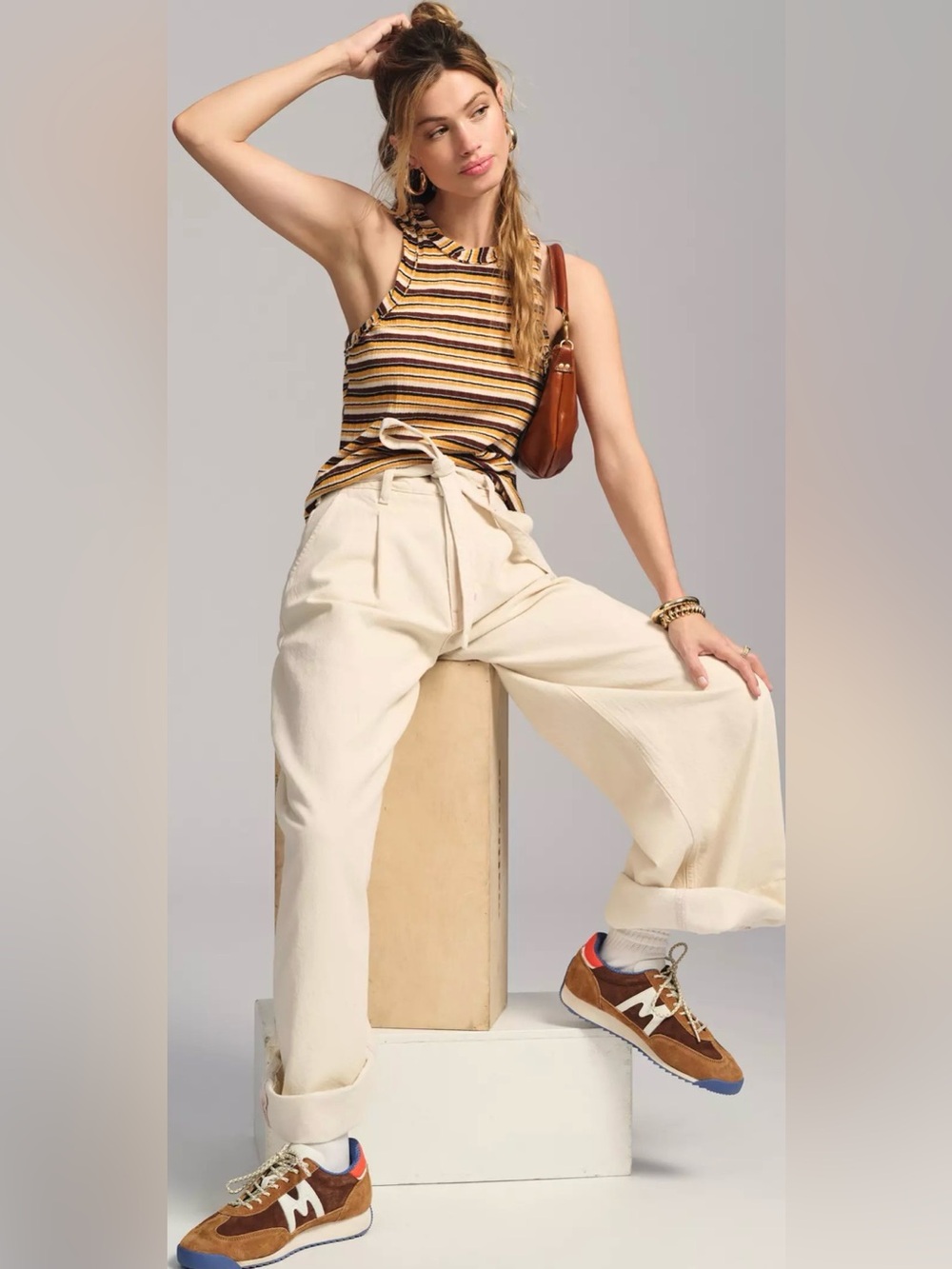 Anthropologie Pilcro Ribbed Tank in Brown Yellow Stripe Racer Back Tank Size S